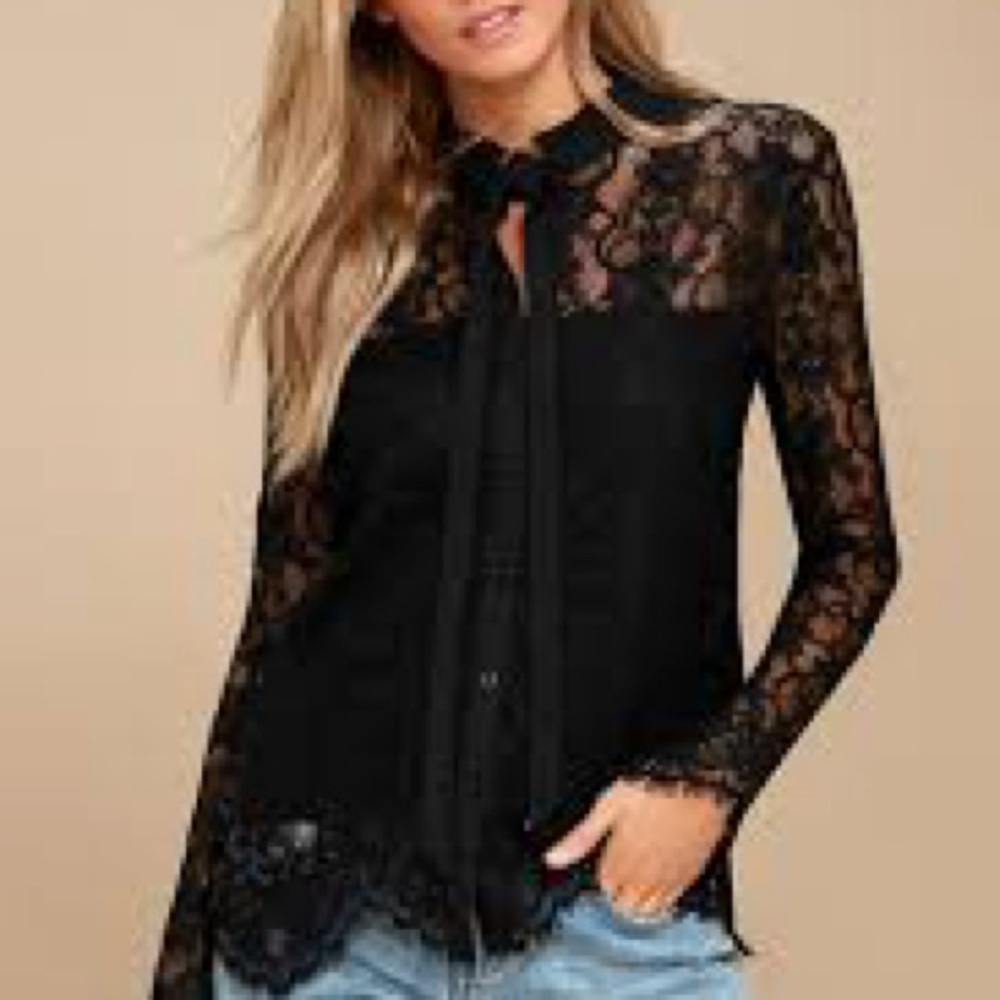 Lulus Lovely Lady Black Lace Long Sleeve Button-Up Top
NWT